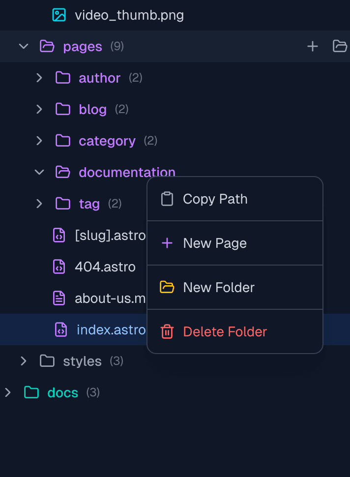 Context menu new page