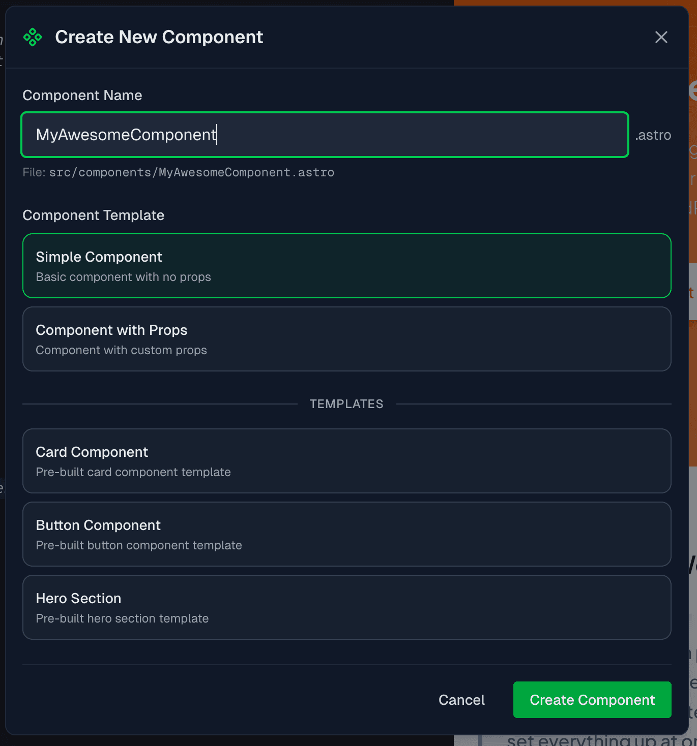 Create Component modal