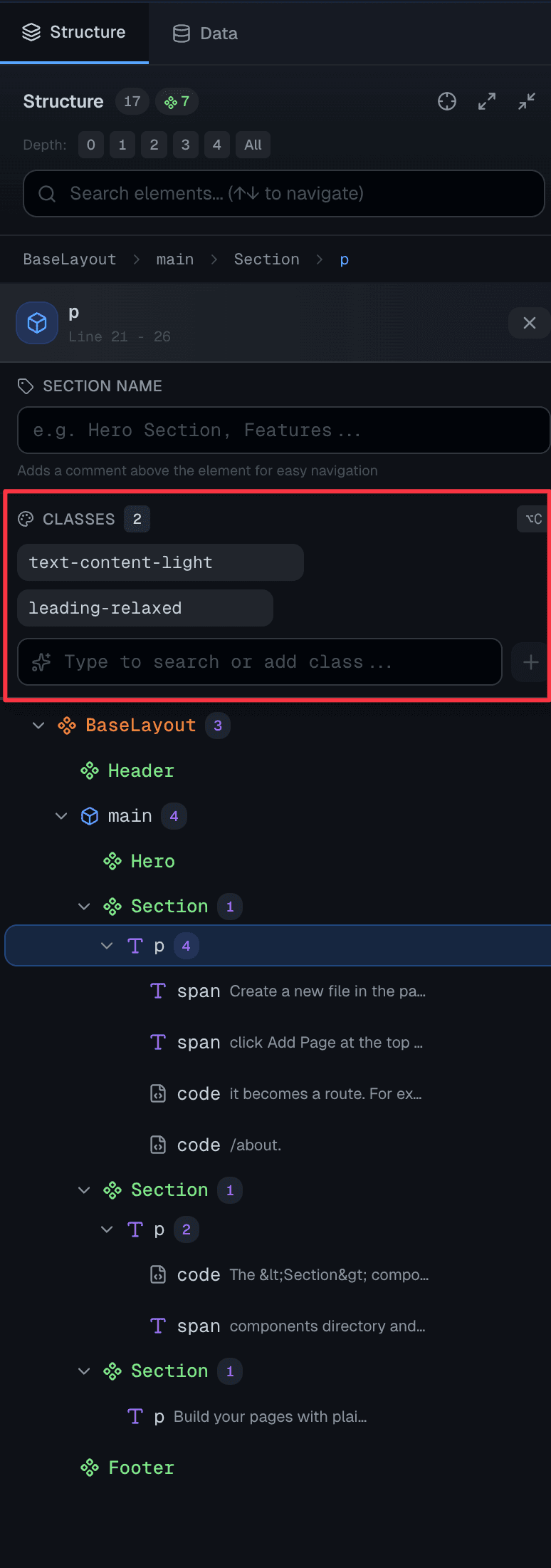 Properties Panel with classes