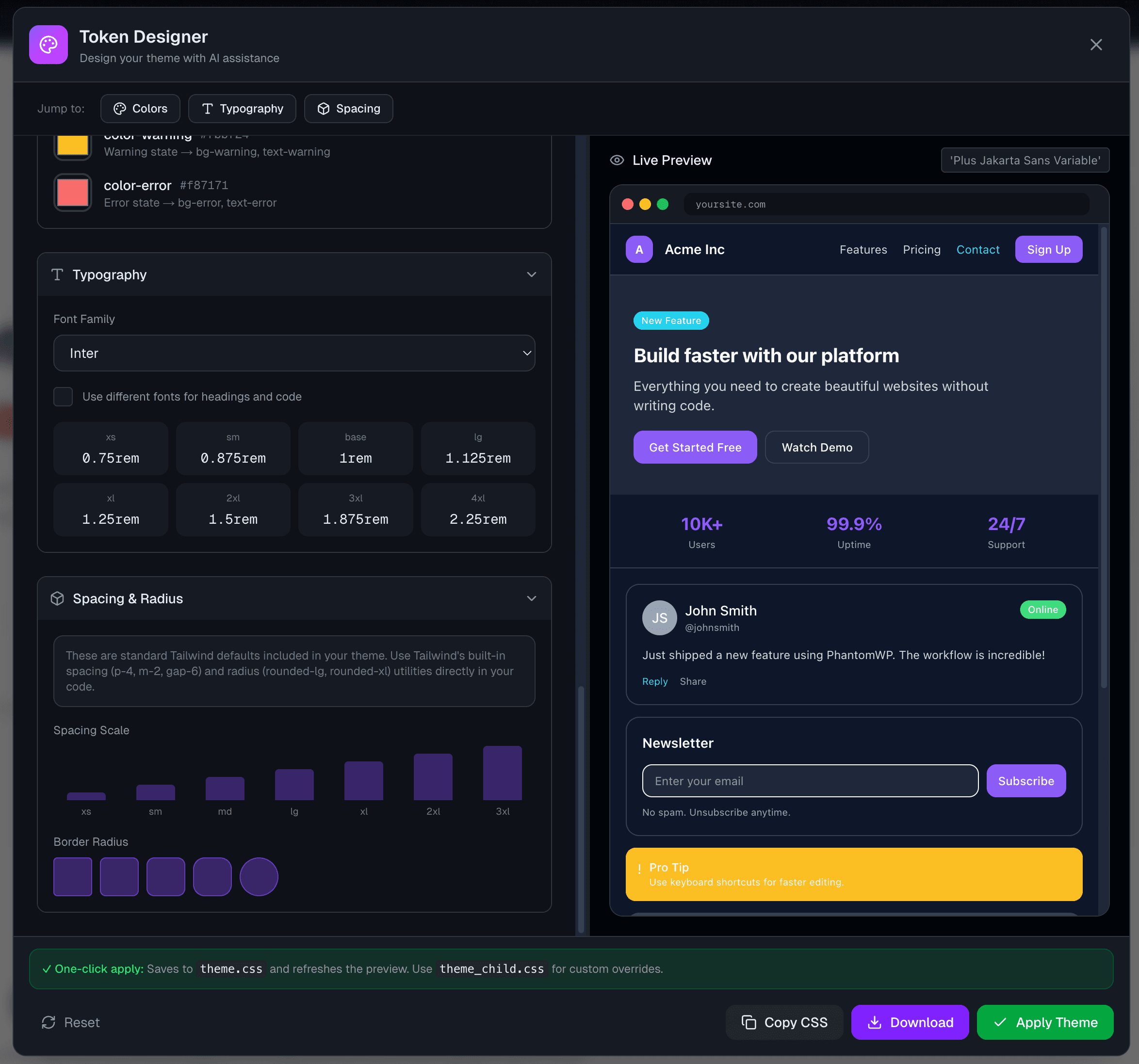 Token Designer typography section