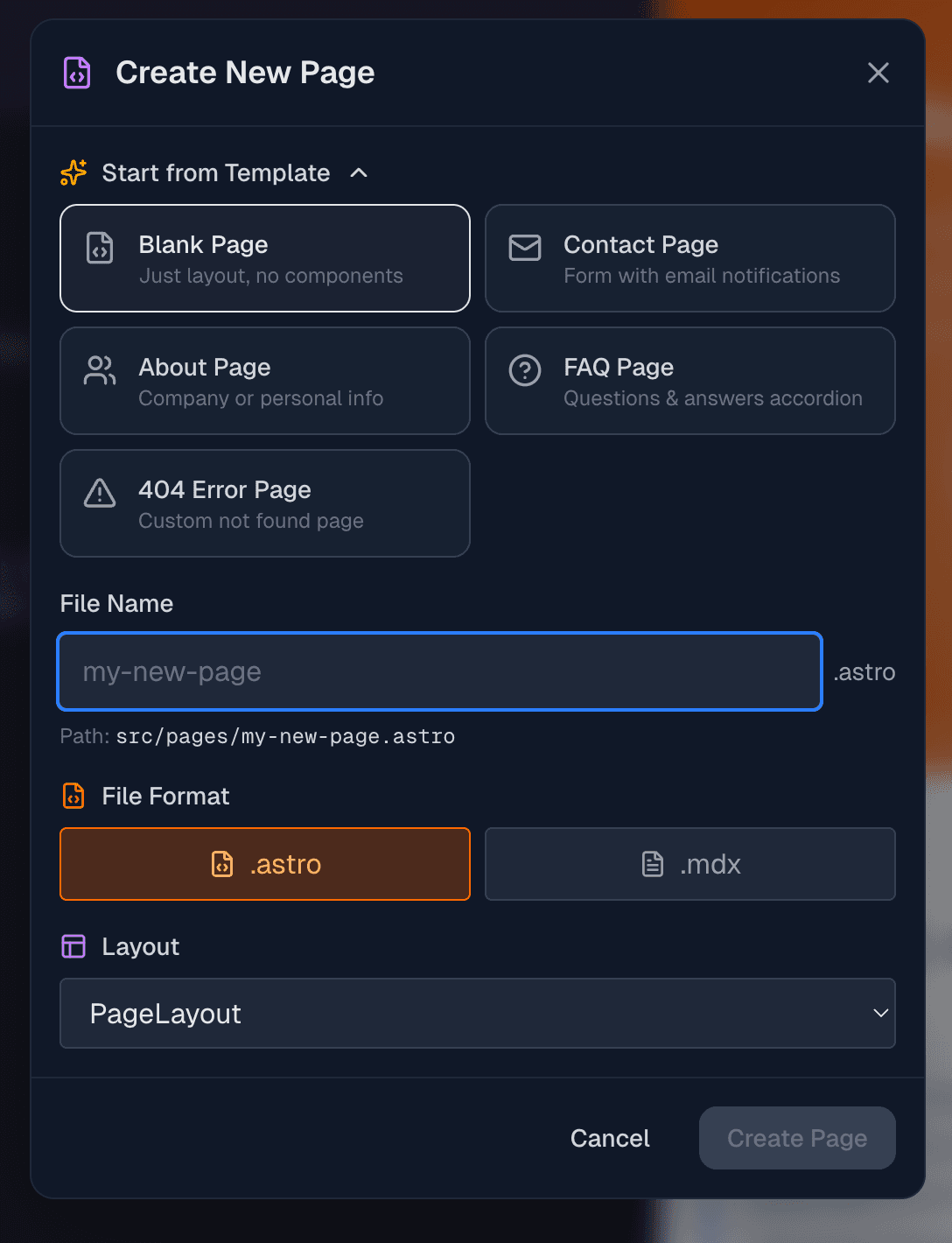 Create Page modal