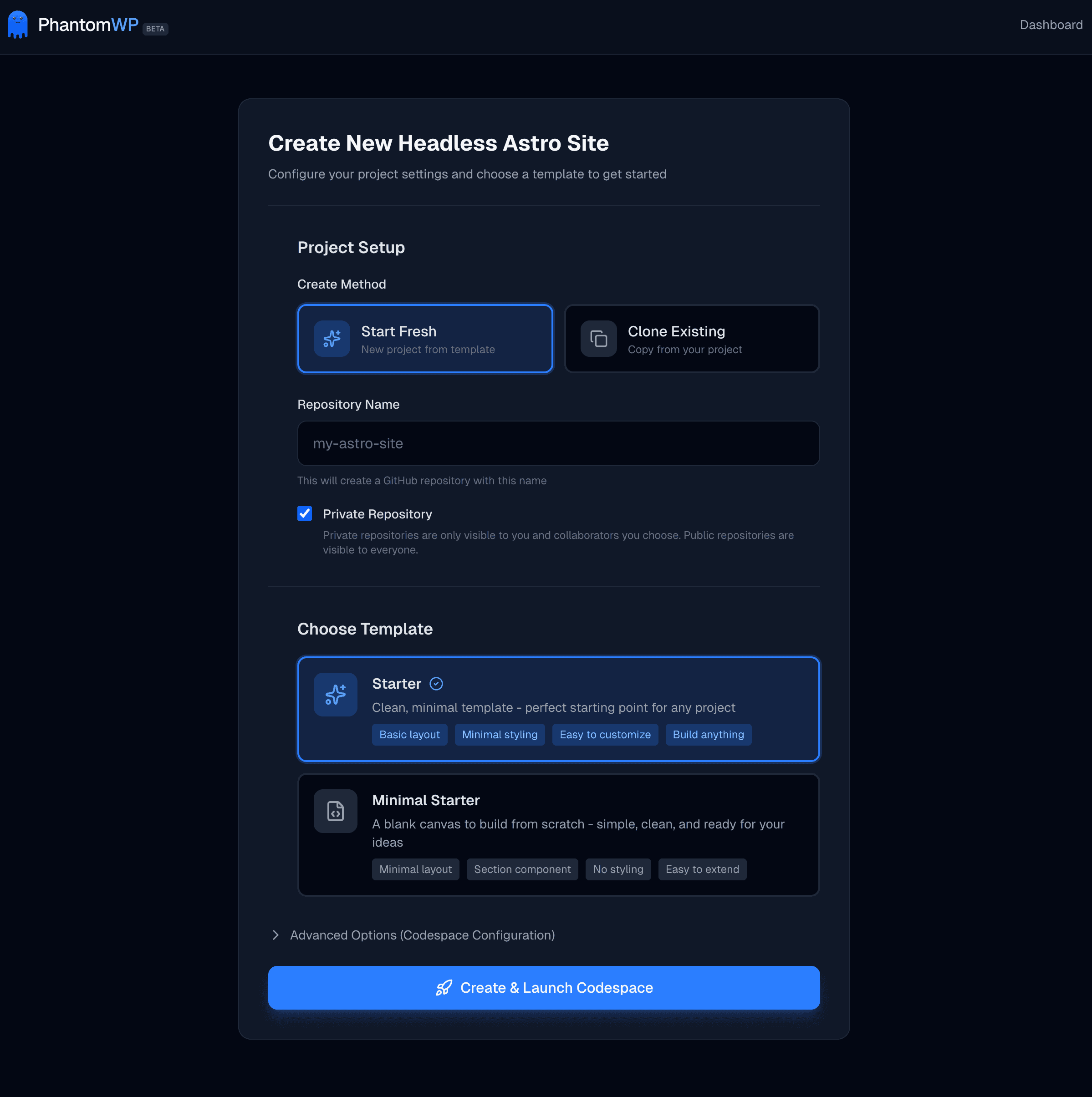 Create project modal