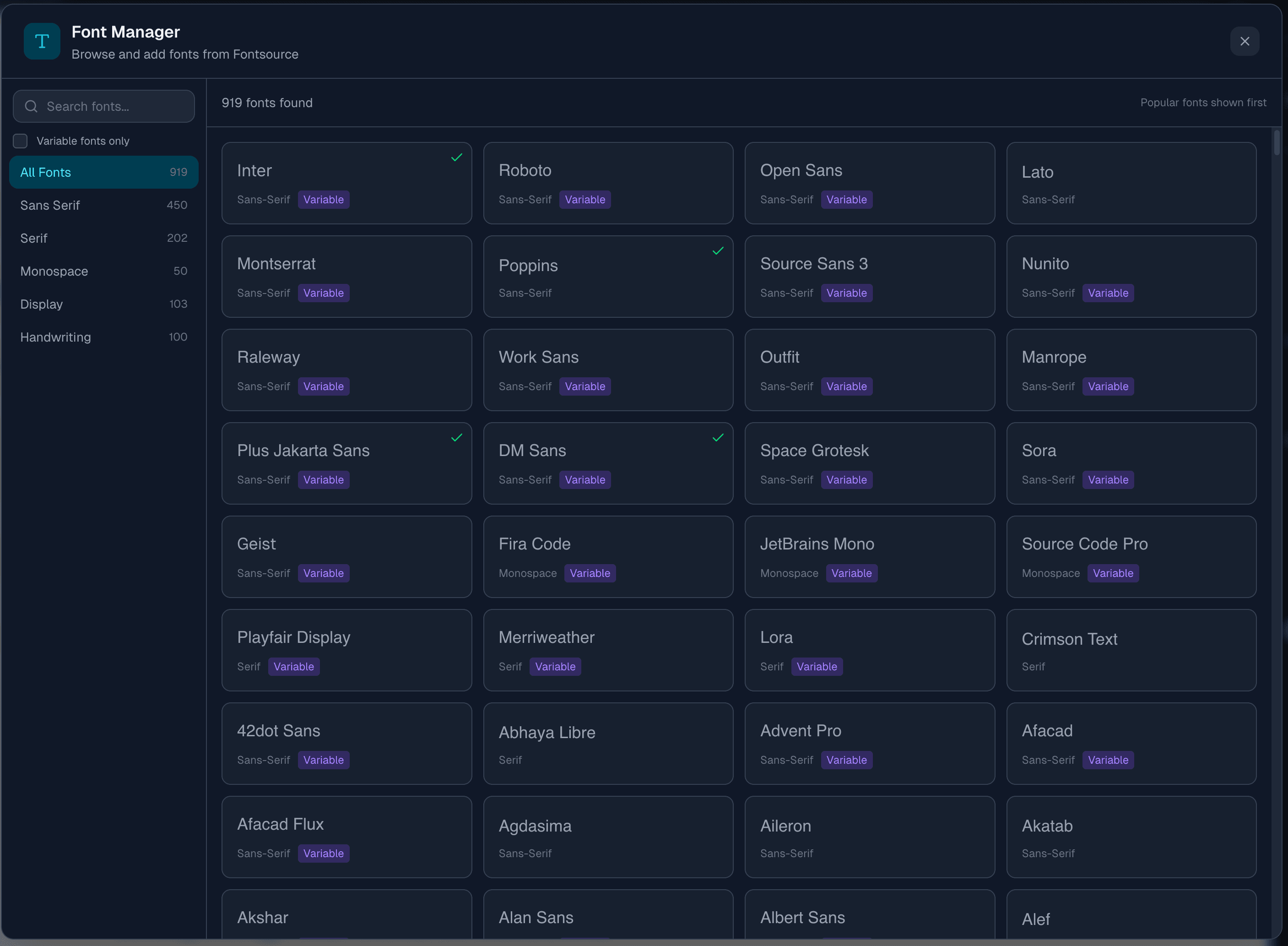 Font Manager panel