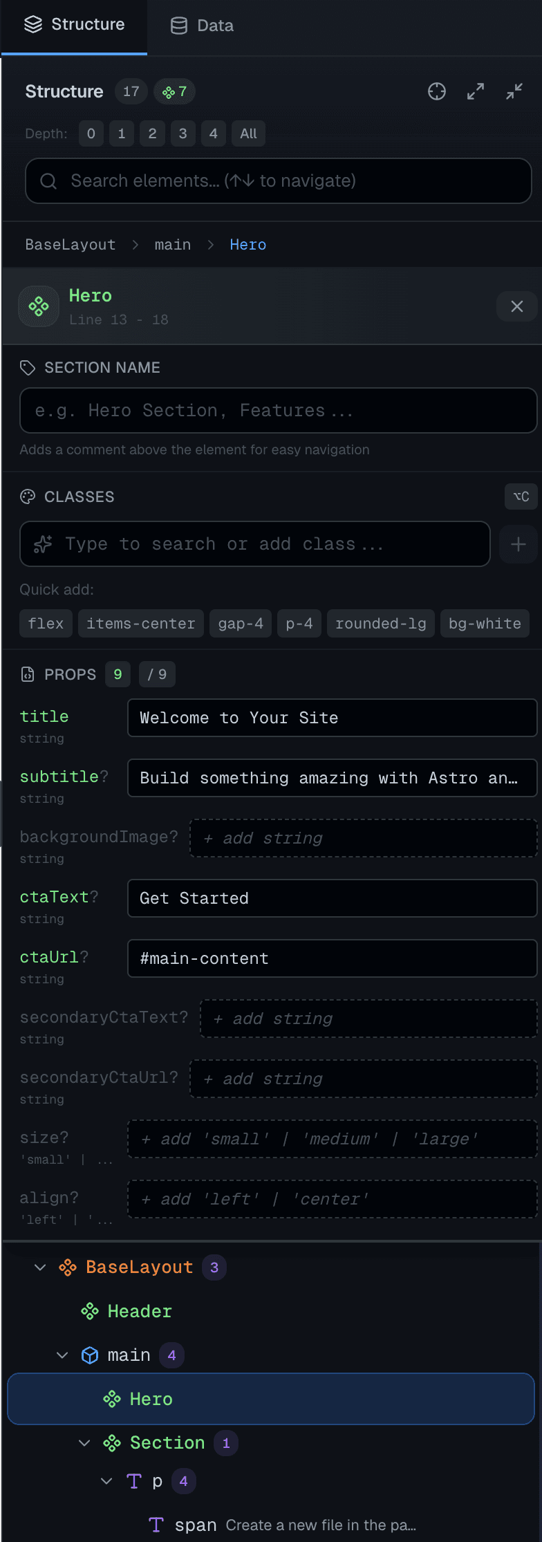 Properties Panel with component props