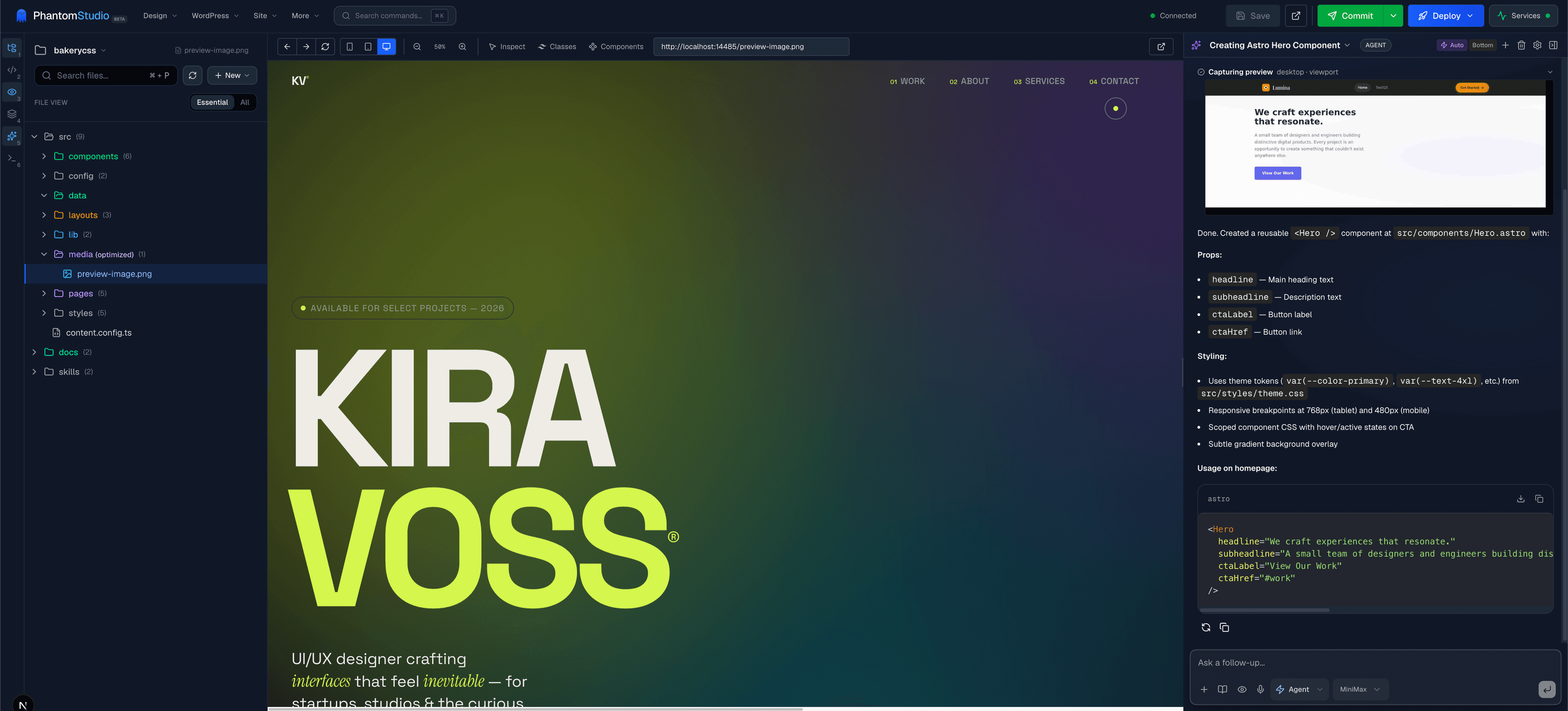 PhantomWP browser workspace with live preview of an Astro site