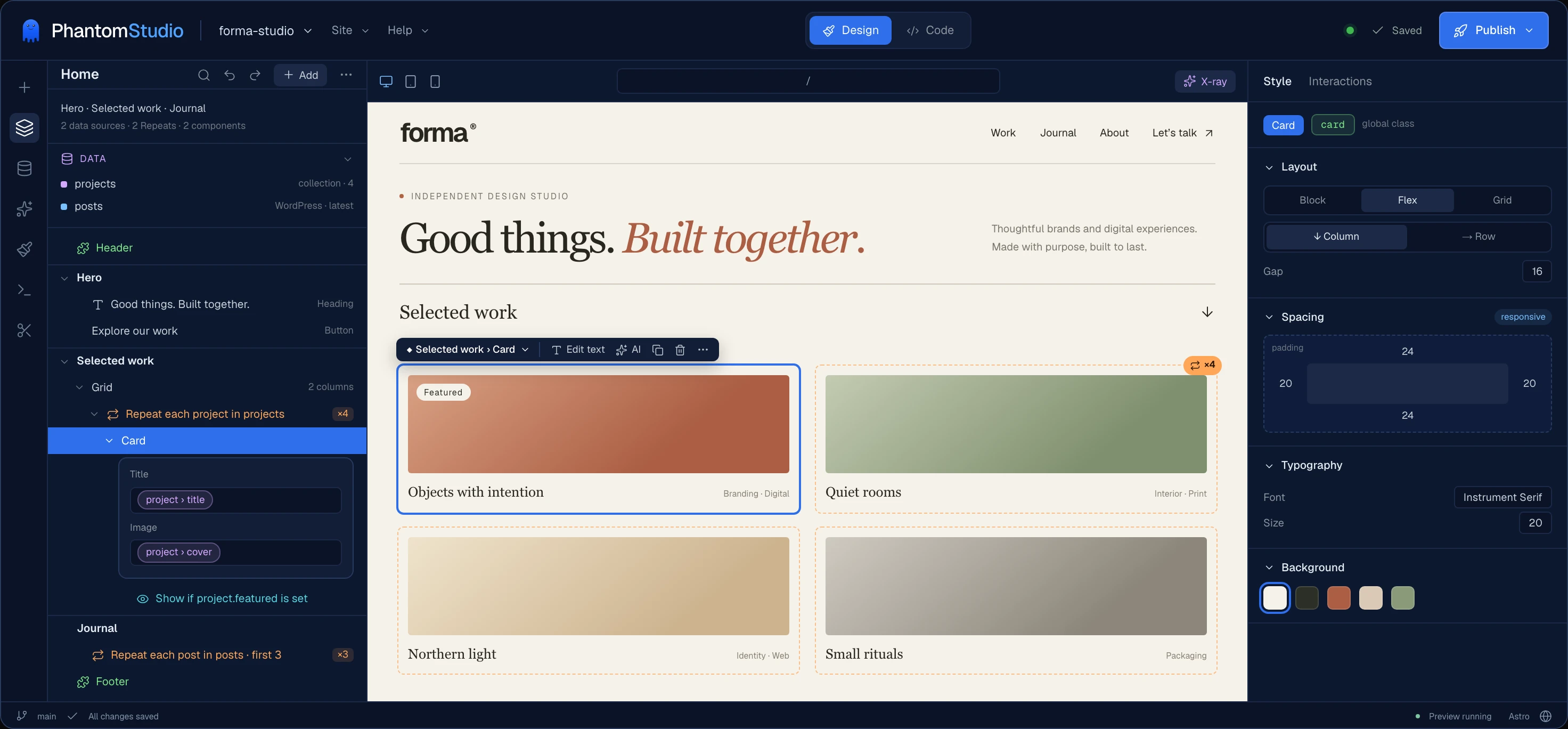 PhantomStudio in Design mode: a layers panel with the page's data and a card repeated for each project, a live website preview with the card selected, and a Style panel.