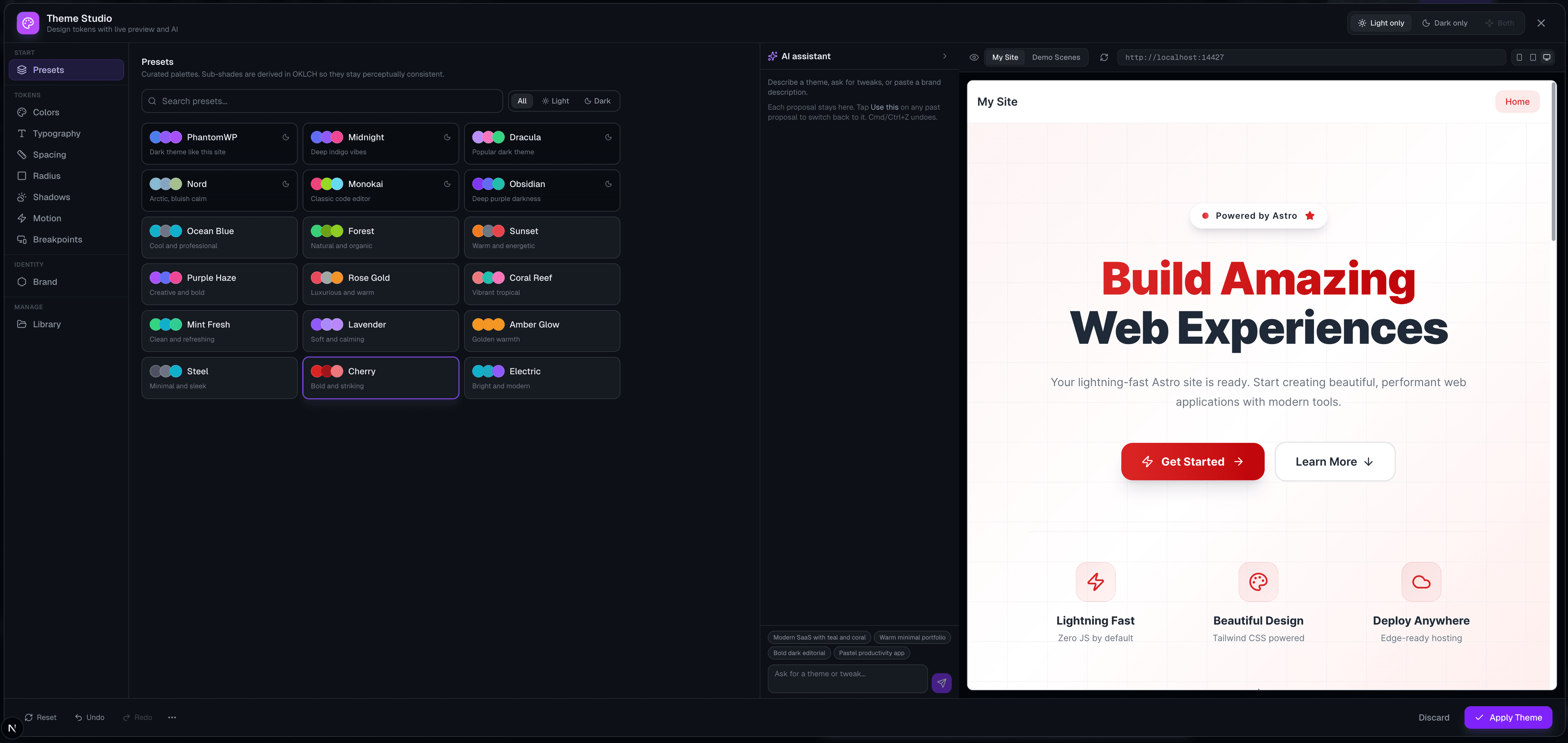 PhantomWP Theme Studio with live site preview